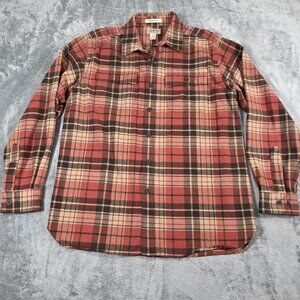 LL Bean Shirt Mens Large Orange Plaid Chamois Cloth Flannel Button Up Shacket